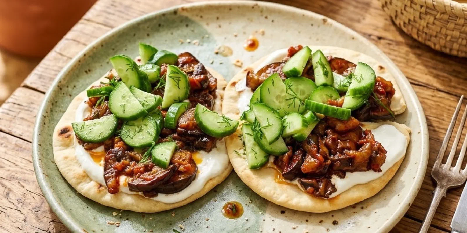 Tiny Flatbreads with Whipped Feta and Sweet-Spicy Eggplant