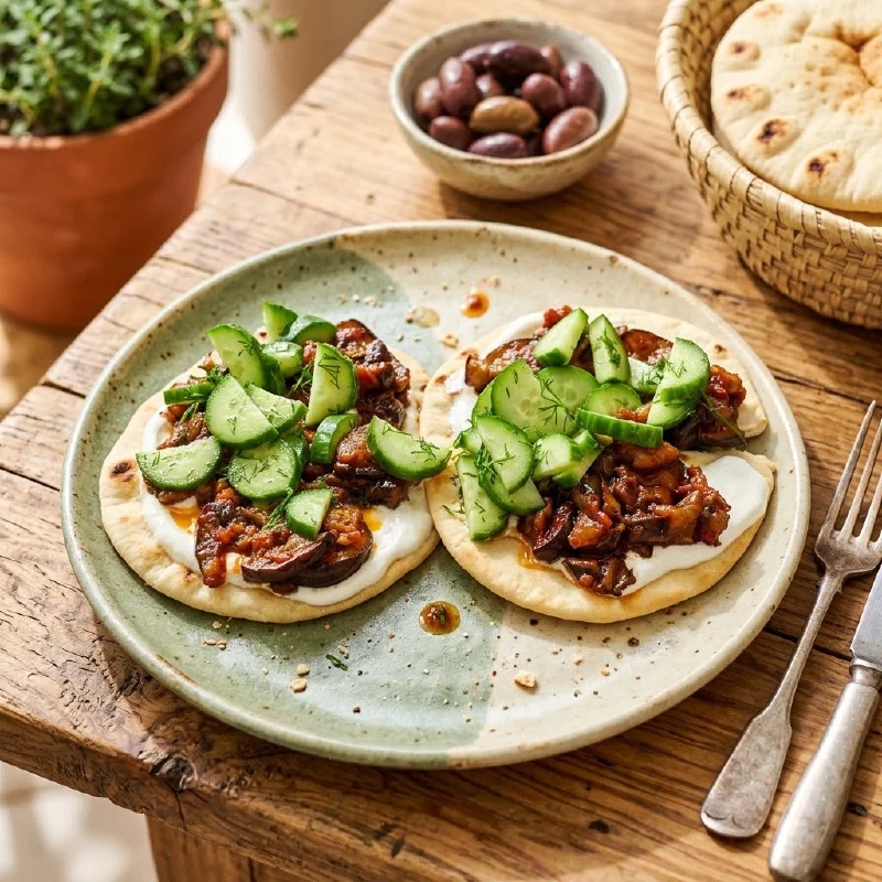 Tiny Flatbreads with Whipped Feta and Sweet-Spicy Eggplant